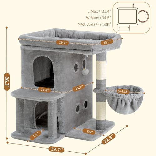 Heybly Cat Tree, 26.3-inch Cat Tower with Spacious Top Perch for Large Cats, Stair-Style Cat House Furniture with Dual-Layer Condos, Sisal Scratching Posts, Cozy Basket & Pompom, Light Gray HCT204SW - color: Light Gray, size: 26.3 Inch