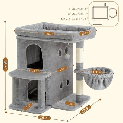 Heybly Cat Tree, 26.3-inch Cat Tower with Spacious Top Perch for Large Cats, Stair-Style Cat House Furniture with Dual-Layer Condos, Sisal Scratching Posts, Cozy Basket & Pompom, Light Gray HCT204SW - color: Light Gray, size: 26.3 Inch