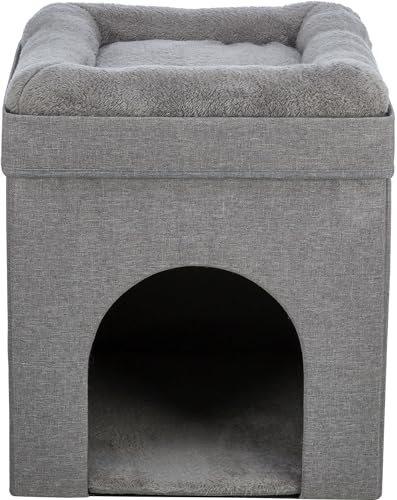 Trixie Crazy Cube Stackable Cat Condo with Sisal Scratching Surface & Reversible Plush Cushion – Tool-Free Assembly, Collapsible Modular Indoor Cat Furniture, Sturdy MDF Cave, Supports up to 35 lbs - color: Crazy Gray 1, size: 17.3 x 17.3 x 18.5