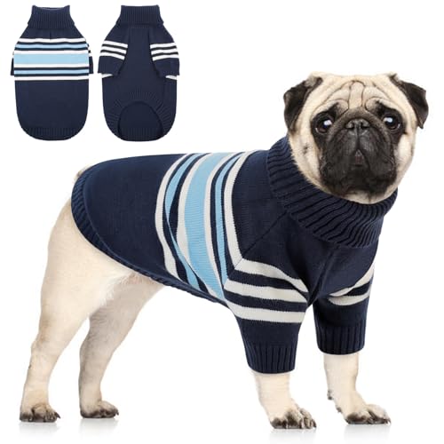 Queenmore Dog Striped Knitted Sweater, Turtleneck Pullover Pet Coat, Dog Winter Clothes with Leash Hole for Small Medium &Large Dogs(Navy Blue,S) - color: Blue, size: Small