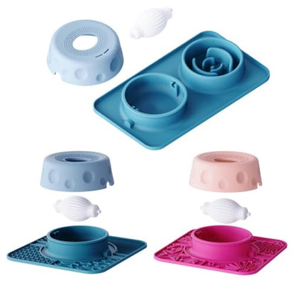 Slow Feeder Dog Lick Bowl with 3 Rolling Ball,Anti-Slip Silicone Puzzle Feeder for Liquid Treats,Bone Broth,Yogurt,Wet Food,Anxiety Relief Enrichment Lick Toy for All Dogs & Cats (2-in-1 Blue) - color: 2-in-1 Blue