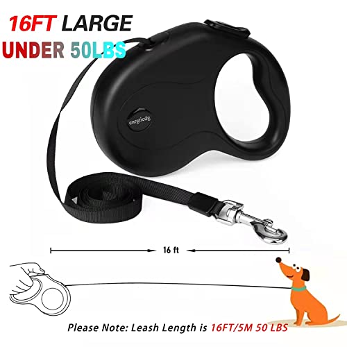 enrgticdg 16Ft Retractable Dog Leash,Light Weight Leash for Small to Medium Dogs/Cats Up to 50lbs,Stainless Steel Spring Strong Nylon Tape, Tangle Free, One-Handed Brake.(Black) - color: Black