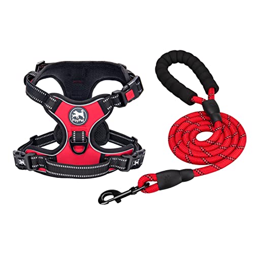 PoyPet Dog Harness and Leash Combo, Escape Proof No Pull Vest Harness, with 5 Feet Leash, Reflective Adjustable Soft Padded Pet Harness with Handle for Small to Large Dogs(Red,M) - color: Red, size: Medium