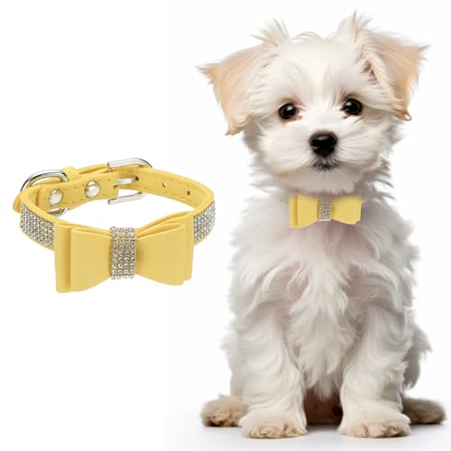Cute Dog Collar with Bling Rhinestone, Bling Dog Collar Adjustable Leather Diamond Sparkling Jewel Accessories 12", (Yellow), Intended for Teacup/Cat/Small Medium Large Pet - color: Yellow, size: 12 Inch