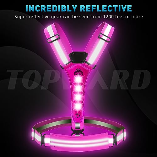 Topward LED Reflective Vest Running Gear, USB-C Rechargeable, Light Up Lights for Night Dog Walking Cycling, Running Phone Holder Vest for Runners, High Visibility with Adjustable Waist/Shoulder - color: pink