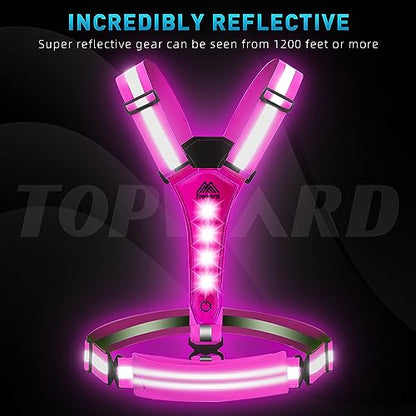 Topward LED Reflective Vest Running Gear, USB-C Rechargeable, Light Up Lights for Night Dog Walking Cycling, Running Phone Holder Vest for Runners, High Visibility with Adjustable Waist/Shoulder - color: pink