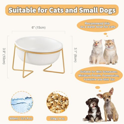 White Small Ceramic Tilted Elevated Cat Dog Bowl Raised Cat Food Water Bowl Dish Pet Comfort Feeding Bowls with Gold Iron Stand - color: White, size: Small