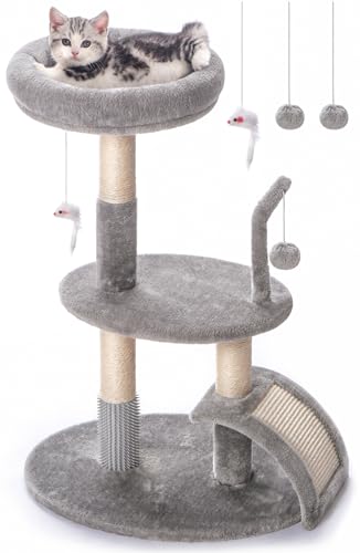 Goozii Large Cat Tree Tower with Scratching Post, Modern Kitten Tower for Indoor Cats, Sturdy Tall Carpet Sisal Cat Scratcher Stand with Big Bed Perch,Scratch Ramp,Ball Toy for Kitty Play -Grey - color: Grey, size: Large