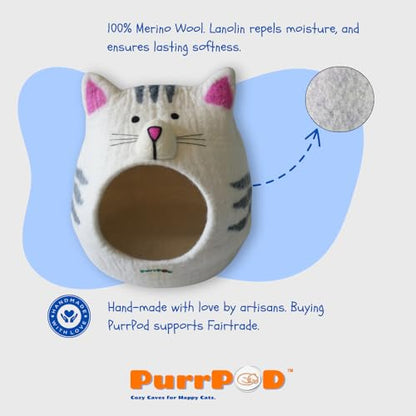 Premium Merino Wool Cat Cave Bed. Foldable, Eco-Friendly, Handmade Felt Kitten Bed and Covered Cat House (43x43cm). Hideaway Pod for Cats. Easy to Clean and Maintain. for Small to Large cat. - color: CatShape