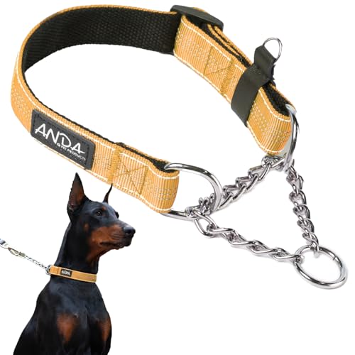 ANDA Martingale Collar for Dogs, Adjustable with Reflective Stainless Steel Chain, No-Pull Escape-Proof Training Collar for Medium and Large Breeds (Orange, Large) - color: Orange Chain Style, size: Large