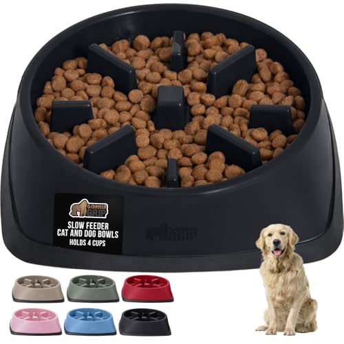 GORILLA GRIP® Patented BPA Free Slow Feeder Dog Bowls, 4 Cup Interactive Puzzle Toy for Dogs and Cats Food Training Enrichment, Keeps Pets Busy and Prevents Puppy Overeating, Large Breeds, Black - color: Black, size: 4 Cup