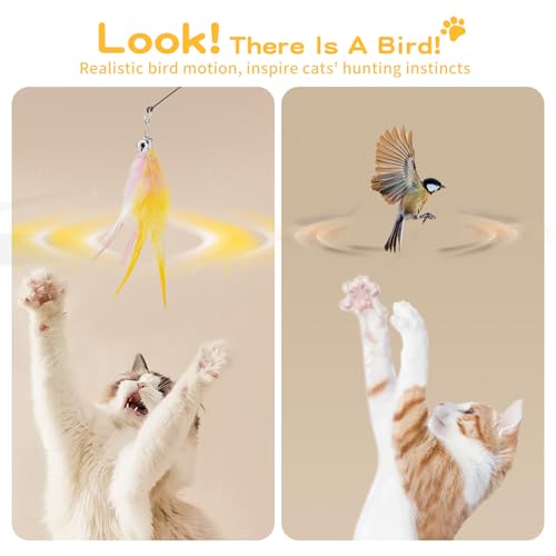 Pawaboo Feather Teaser Cat Toy, Interactive Feather Wand Cats Toy Flying Feathers Cat Catcher with Extra Long 34.5" Wand and Small Bell, Exerciser Playing Toys for Kitten or Cats, Pink+White+Yellow - color: Pink+White+Yellow