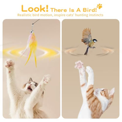 Pawaboo Feather Teaser Cat Toy, Interactive Feather Wand Cats Toy Flying Feathers Cat Catcher with Extra Long 34.5" Wand and Small Bell, Exerciser Playing Toys for Kitten or Cats, Pink+White+Yellow - color: Pink+White+Yellow
