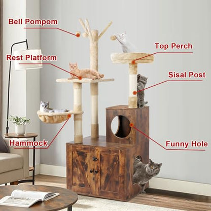 Timberer Cat Tree Tower with Litter Box Enclosure, 2-in-1 Wooden Cat Condo with Sisal Scratching Post, Hammock, Brown - color: Brown