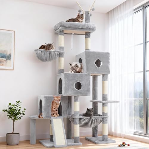 Hey-brother Cat Tree Tower, Scratching Posts with 3 Condos, Large Basket, Cozy Bed, Sisal Board, Step-by-Step Climbing Pathway and Toys, 74.8 inches Furniture for Big Indoor Cats, Light Gray MPJ081W - color: Light Gray, size: 74.8 inches