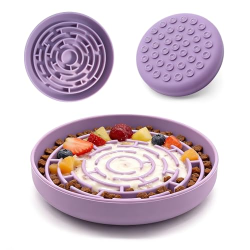Silicone Slow Feeder Bowl, with Non-Slip Suction Cups, Anti-Choking, Puppy Puzzle Bowl, Slows Down Eating Speed, Relieves Anxiety, Suitable for S&M Sized Dogs and Cats(Purple) - color: Purple