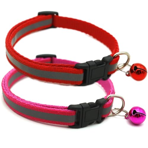 Reflective XS Dog Collar with Bell, 2 Pack Cat Collars Adjustable for XS XSmall Extra Small Tiny Little Dogs Pet Puppy Girl Female Kitten Hot Pink and Red - color: Hot Pink+Red, size: XS(Neck 7.5"-12")