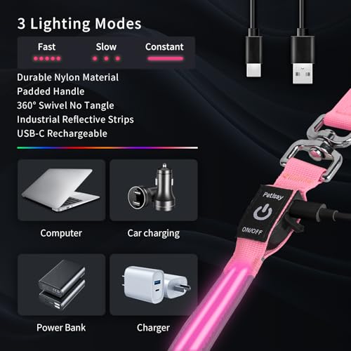 Night Walking LED Dog Leash - 6FT Reflective & Waterproof Light Up Safety Leashes for Dogs - USB Rechargeable, Pink - color: Pink(Fiber optic version)