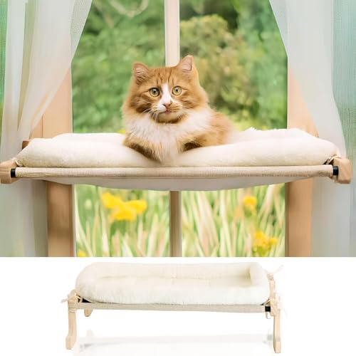 Foldable Cat Window Perch for Cats Inside – Pet Hammock Sill Extender – Cat Hammock for Windowsill, Shelf, Wall – 4 Heavy Duty Suction Cups, Sturdy Frame, Screws – 1 Plush & 1 Textile Window Cats Bed
