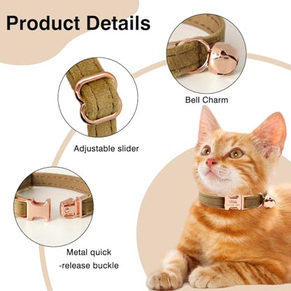 Personalized Non-Breakaway Cat Collar with Name, Luxury Soft Velvet Custom Engraved Name Collar with Bell for Kittens & Cats (Celadon, S (6.5-10.5 inches)) - color: Celadon, size: S (6.5-10.5 inches)