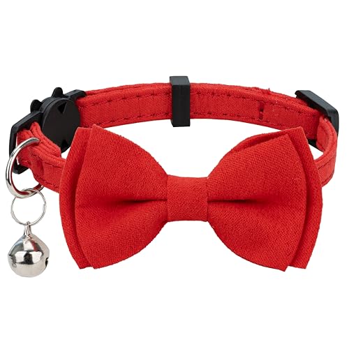 Cat Collar with Bow Tie Bell Breakaway Kitten Small Pet Safety Solid Wedding Basic Pure Color Suede Soft Adjustable [1pc] Red - color: [1pc] Red