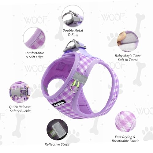 AIITLE Adjustable Dog Vest Harness Set – No-Pull Design, Plaid Print & Reflective Safety– Fits Poodles, Shih Tzus & Medium-Sized Dogs up to 38lbs (M, Purple) - color: Purple, size: M