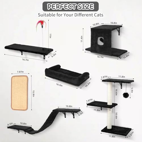 Cat Wall Shelves, 6 in 1 Cat Wall Furniture Set with Condos House, Bed, Bridge, Tree, Steps, Scratching Board, DIY Walls Playground for Indoor (Black) - color: Black