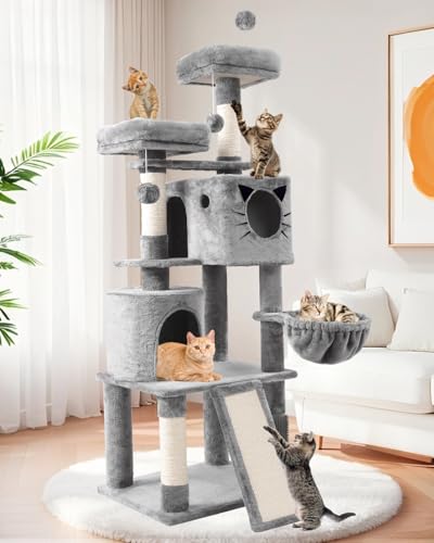 66in Multi-Level Large Cat Tree Tower for Indoor Cat/Kitties, Mordern Cat Tower with Sisal Scratching Posts, Condos and Hammock, Perches, Ramp for Climbing Heavy Duty (Light Grey) - color: Light Grey
