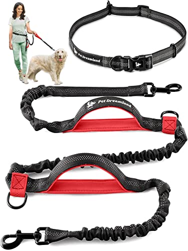 Exquisite Hands Free Dog Leash for Large Dogs. Ultimate Comfort & Freedom for Running, Walking, Hiking. Premium Quality, Durable & Versatile Waist Leash. Your Dog Will Love It. - color: Black & Red
