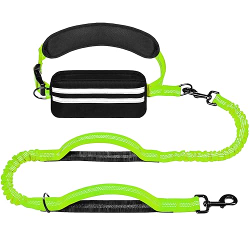 Hands Free Dog Leash with Zipper Pouch, Running Waist Leash for Dog Walking, Adjustable Waist Belt for Large Dogs, Reflective Bungee Design with Two Handle for Hiking, Training, Neon Green - color: Neon Green