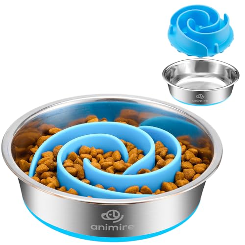 2-in-1 Metal Dog Bowl with Slow Feeder Insert, Stainless Steel Dog Bowls Food Grade 304, Water Food Bowl with Anti-Slip Silicone Base for Small, Medium, Large Dogs - color: Light blue, size: 1 Cup