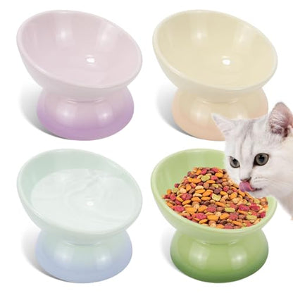 Elevated Cat Food Bowl 4 Pack 5 Oz Ceramic Raised Tilted Water Dishes, 15° Tilt Anti Vomiting, Protect Pets' Spines Bowls for Small Dog, Fat Faced Cat, Kitten