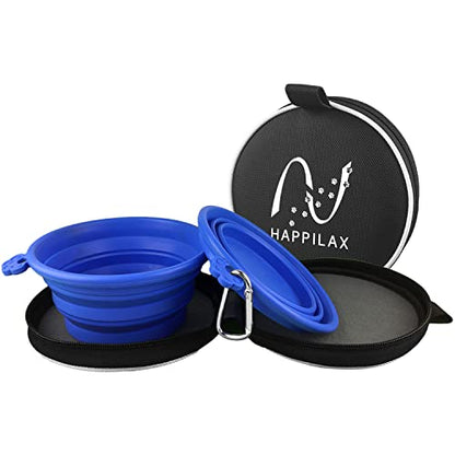 Travel Dog Bowl Set - 2 Foldable Silicone Food and Water Bowls with Carabiners and Bag - Collapsible Feeding Bowls for Wet and Dry Food - 680ml Capacity - Available in Black and Blue