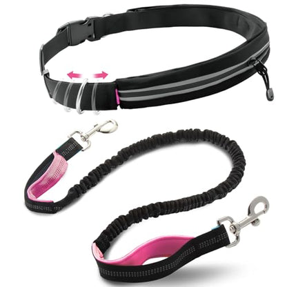 Waist Leash for Medium Large Dog Walking, Bungee Hands Free Leash with Zipper Pouch, Around The Waist No Pull Running Dog Belt, Padded Handle Jogging No Hands Heavy Duty - color: Rose