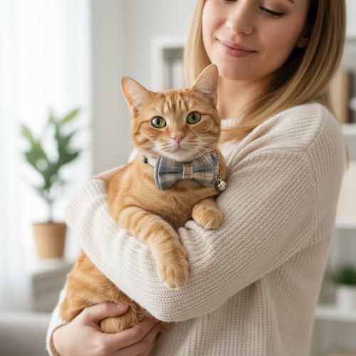 3pcs Bow Tie Cat Collar with Bells, Breakaway Bowtie Plaid Cat Collar, Soft Adjustable Bow Cats Collars for Kitten Puppy and Small Pets - color: green