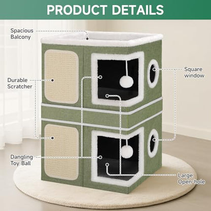 2-Storey Cat House for Indoor Cats, Separate Into 2 Large Cat Bed Cave with Hideaway Condos, Scratch Pads, Hanging Balls, Foldable Indoor Cat House, Cat Cube for Multiple Cats Kitten, Green - style: Green