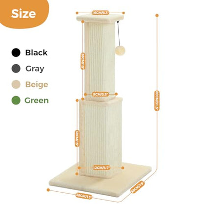 PAWZ Road Large Cat Scratching Post 32” Tall Scratching Post for Indoor Cats Adults Ultimate Scratch Post with Woven Sisal, Large Base and Removable Dangling Ball- Beige - color: Beige