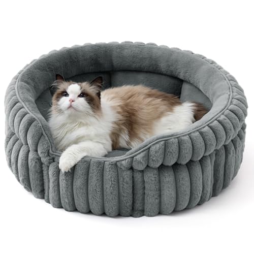 Bedsure ComfyFleece™ Cat Bed, Washable Round Cute Cat Beds for Indoor Cats, Super Soft Corduroy Pet Bed for Puppy and Kitten with Anti-Slip Bottom, 23''x23''x8.5'', Warm Gray - color: Warm Gray, size: 23''x23''x8.5''