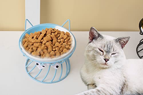 Raised Cat Food Bowl - Elevated Feeder Stand with Shallow Ceramic Dish, Whisker-Friendly No-Spill Water Bowl - color: Blue