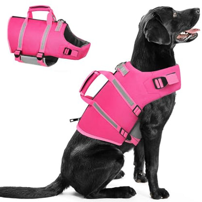 Queenmore Small Dog Life Jacket - Adjustable Reflective Lifesaver Vest with Back Zip, Rescue Handle, Leash Hook (Fuchsia S) - color: Fuchsia, size: Small