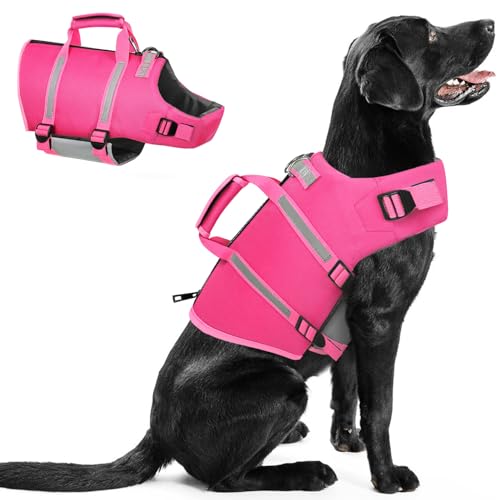 Queenmore Small Dog Life Jacket - Adjustable Reflective Lifesaver Vest with Back Zip, Rescue Handle, Leash Hook (Fuchsia S) - color: Fuchsia, size: Small