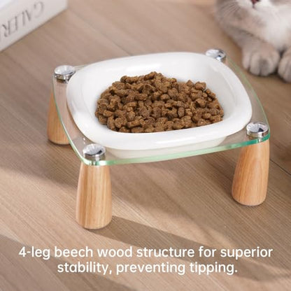 Elevated Cat Bowl and Dog Bowl, Ceramic Raised Pet Bowl with Acrylic & Wood Stand, Non-Slip, 13.5 OZ, for Cats & Small Dogs