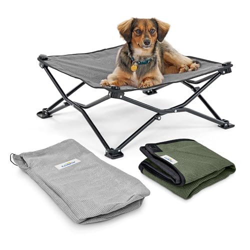 Coolaroo On-The-Go Elevated Dog Bed Kit – Portable & Cooling Travel Cot with HeatShield Fabric for Small Dogs, Lightweight & Compact, Includes Matching Carry Bag & Everglade Green Bonus Cover, Small - color: Everglade Green, style: Small