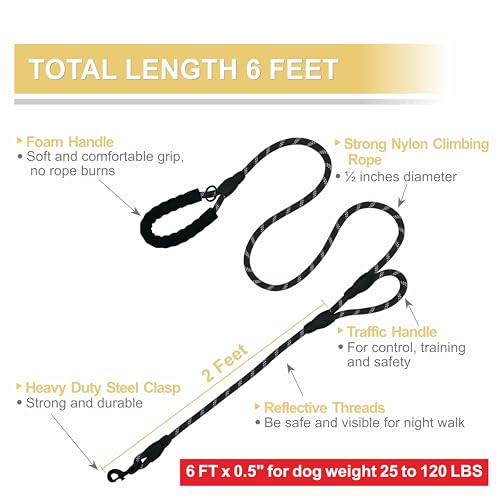 Dog Leash Heavy Duty 6ft, Double Handle Dog Leash with Padded Handle for Traffic Control, Reflective Rope Leashes for Large and Medium Dogs Night Control Safety Training (Black) - color: Black (25 to 120 lbs)