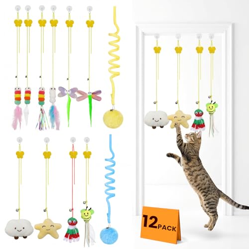 12Pack Hanging Cat Toy for Bored Indoor Cats. Interactive Cat Toy Set with Cat Wand Toy Styles,Cat Feather Toy Refill and Cat Toys for Indoor Cats for Play Exercise