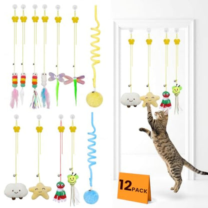 12Pack Hanging Cat Toy for Bored Indoor Cats. Interactive Cat Toy Set with Cat Wand Toy Styles,Cat Feather Toy Refill and Cat Toys for Indoor Cats for Play Exercise