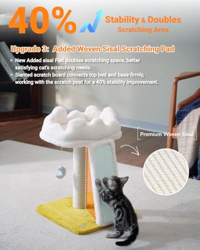 Happi N Pets Cat Tree, Cloud Cat Tower with Soft Bed, Cat Scratching Post & Pad with Larger Perch for Window Viewing, Small Cat Tree with Cute Toys, Bonus Catnip - size: 22" with Scratching Pad
