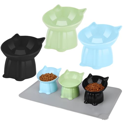 3 Pcs Elevated Cat Bowls 15°Raised Cat Food Bowl with Silicone Mat Whisker Friendly Anti Vomiting Cats Dishes Pet Food and Water Bowls for Indoor Cats Kittens Classic Blue, Black, Green Colors - color: Blue, Black, Green