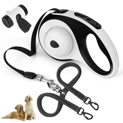 Dual Retractable Dog Leash for 2 Medium Dogs (Up to 66LBS Each) - Double Headed Pet Leash with Poop Bags and LED Light, One Button Brake & Lock, 360 Tangle-Free (White, Medium) - color: WHITE, size: Medium