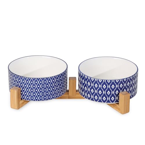 Selamica Ceramic 30 OZ Dog Bowls, Dog Food and Water Bowls with Wooden Stand, Anti-Slip Dogs Dishes Set for Cats Small & Medium Sized Dogs, Weighted Pet Bowls Set of 2, Vintage Blue A - color: Vintage Blue A, size: 30 oz